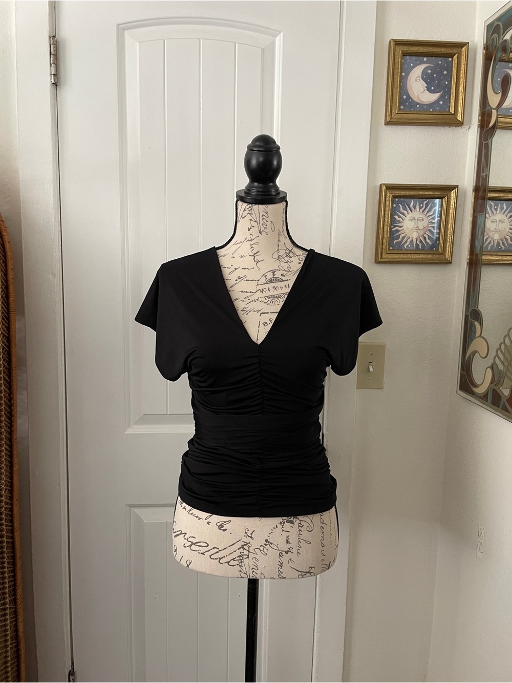 Vintage Frederick's of Hollywood Wrap Blouse Black Ruched V-Neck Women's Top Sm*